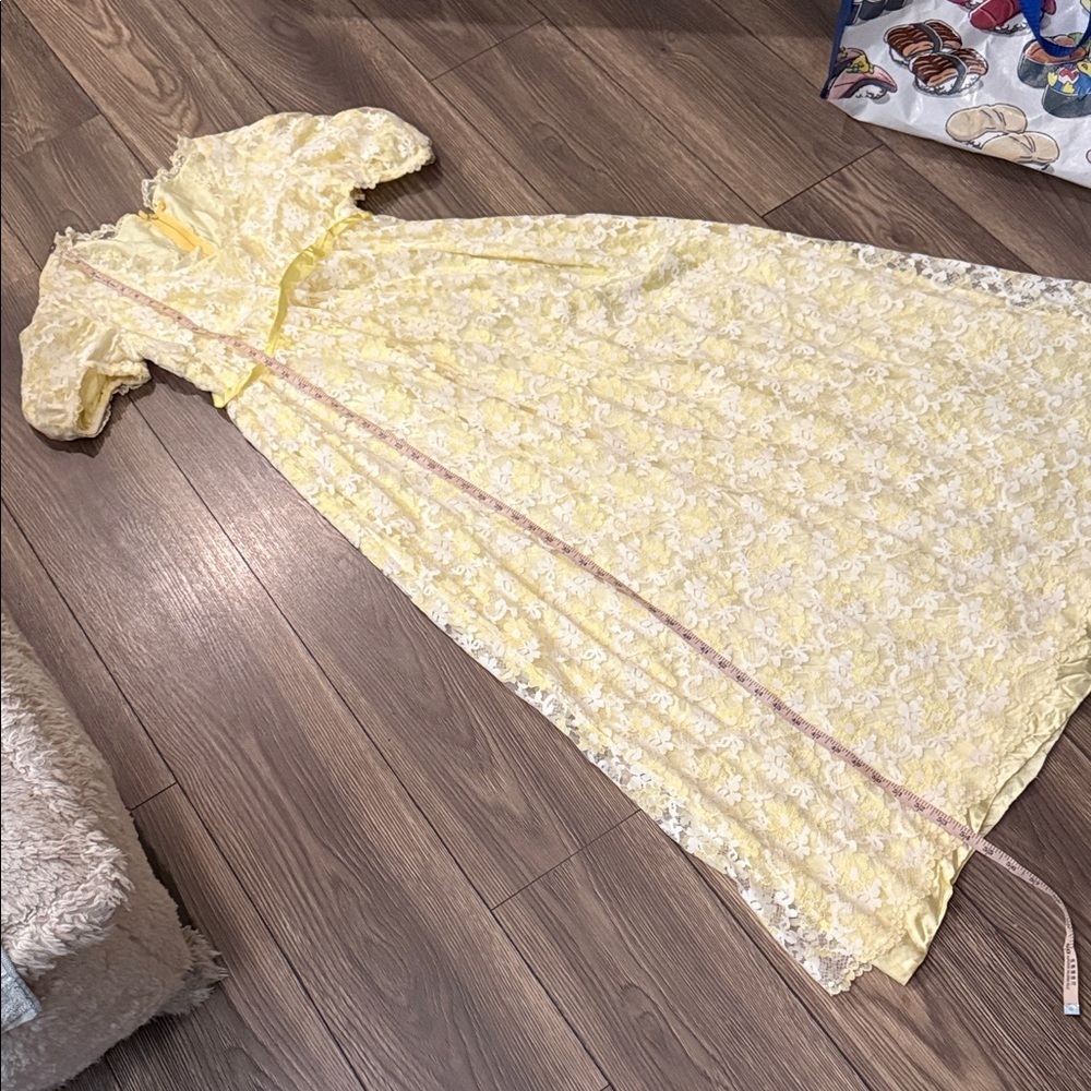 Vintage 1960s Yellow Taffeta Floral Overlay Prom Dress | Puffed Sleeves  Gown - Picture 13 of 16